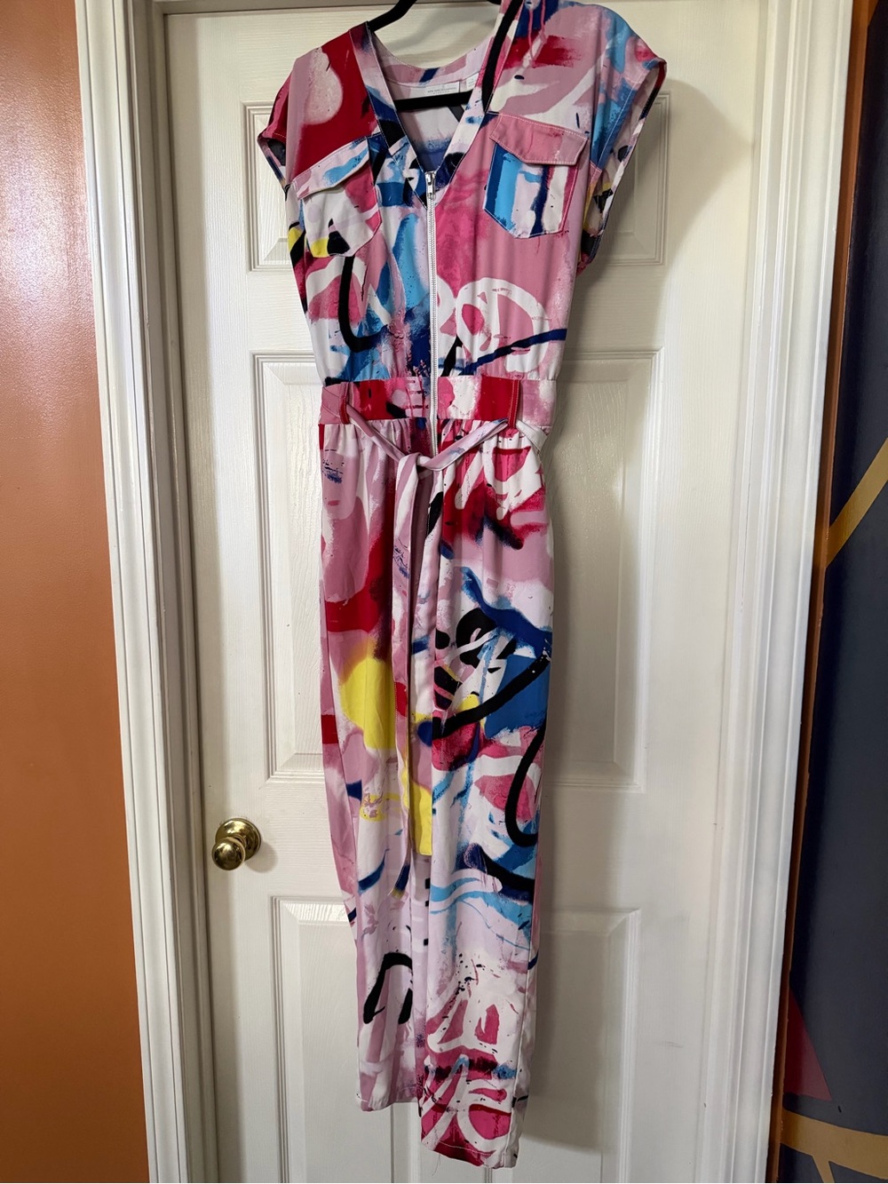 NY & CO Vibrant Abstract Graffitit Print Jumpsuit- with belt and front zipper